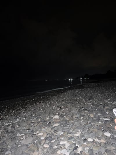 The image shows a nighttime view of a rocky beach in Gumsta, Abkhazia. The foreground is filled with smooth, gray and white pebbles. In the background, the dark sea meets the shore with a gentle wave. The horizon is marked by faint lights from a distant settlement or structures, reflecting on the water. The sky is dark, with some clouds visible, obscuring any stars. The overall scene conveys a sense of quiet solitude by the sea at night.