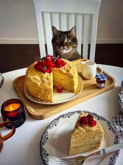 An indoor scene captures a curious tabby cat peeking from behind a white slatted chair, observing a dessert spread on a white surface. The cat, with wide, attentive eyes, gazes towards a beautifully presented multi-layered cake.

The main subject of the dessert is a large, round cake, likely a honey cake (Medovik), characterized by its numerous thin layers and crumbly coating. It is generously garnished with fresh red raspberries and small sprigs of rosemary, adding a vibrant touch. This cake rests on a white plate, which is placed on a light-colored, oval wooden serving tray.

Beside the main cake on the tray, there's a small white ceramic pitcher and a tiny jar with a blue and white checkered lid, suggesting jam or preserves. A slice of the same layered cake sits on a separate ornate white plate with a black floral rim, positioned to the right of the main cake. A silver fork with a white handle and blue stripes rests on this plate, indicating it's ready to be eaten.

Below the wooden tray, a lit candle in a dark amber glass jar casts a warm, soft glow, adding to the cozy ambiance. Part of an amber-colored glass or mug is visible next to the candle. In the upper right corner, a white and dark checkered cloth is partially seen. The overall setting suggests a comfortable, domestic environment, possibly in Ros Na Rí, Ireland. The cat's intense focus on the cake adds a touch of playful charm to the image. No clear text is legible on any of the items.