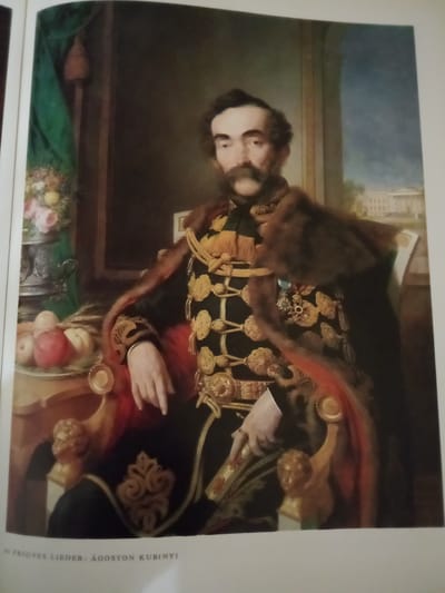 A portrait of a man in military attire with a fur collar and gold trim. He has a mustache and dark hair. He is seated in a chair with ornate carvings. In the background, there is a draped green fabric and a bowl of fruit. To the right, a building with columns is visible. The text at the bottom reads "FRIGYES LIEDER: ÁGOSTON KUBINYI." This image does not provide any information about the city of Zhmerynka, Ukraine.