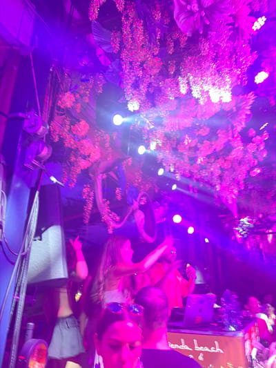The image captures a vibrant nightlife scene at a beach club in Lozenets, Bulgaria. The club is heavily decorated with floral arrangements and illuminated by bright purple and pink lights, creating a festive atmosphere. In the foreground, several people are visible, including a woman in a light-colored outfit and a man in an orange shirt appearing to be a DJ. The DJ is standing behind a console with a laptop, surrounded by speakers and lighting equipment. The crowd seems to be enjoying themselves, with some dancing and others observing the performance. The beach club's name, "Tienda beach," is visible on the DJ console. The overall ambiance suggests a lively and energetic party setting.