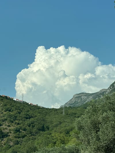 This is a vertical, outdoor, daylight photograph taken from a low angle. The scene depicts a lush, green mountainside with scattered white buildings and a prominent cumulus cloud formation against a clear blue sky. In the foreground, on the right side of the image, is a dense olive tree. Behind the olive tree and further up the slope is a hillside covered in green vegetation, dotted with several white houses with red tile roofs. A tall, lattice-like transmission tower is visible behind some of these houses. In the background, a rocky, green-covered mountain range rises, partially obscured by the large, billowing white cloud that dominates the upper half of the frame. Power lines are also visible crossing the mountainside. The location is the village of Blizikuće, Montenegro. There are no people or animals visible in the image.