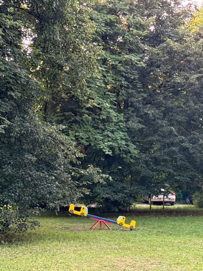 The image depicts an outdoor scene, likely a park or playground area, in Солнечная Поляна Кп, Russia. In the foreground, a children's seesaw with yellow car-shaped seats is positioned on a grassy area. The seesaw is red and blue. Behind the seesaw, a line of mature trees with dense green foliage dominates the background. Sunlight filters through the leaves, creating dappled lighting on the ground. To the right of the trees, a light-colored car is visible parked on a surface that appears to be a road or driveway. Another dark-colored vehicle is partially visible to the far right. The overall environment suggests a natural, possibly recreational, setting with man-made elements present.