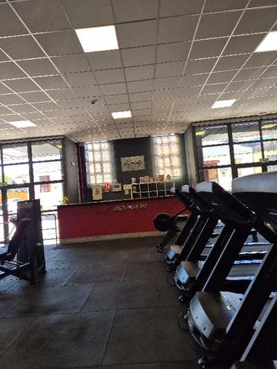 The image displays the interior of a gym, identified as "Instinct Health," located at C. Juliana, 1, 28200 San Lorenzo de El Escorial, Madrid, Spain. The perspective is from a low angle, looking across the main floor towards a reception area and rows of exercise equipment.

The floor is uniformly covered with dark grey or black rubber gym mats arranged in square tiles. To the right, a series of at least four black Technogym treadmills are arranged in a line, facing towards the left side of the frame. A black Concept2 rowing machine is positioned between the treadmills and the central counter. On the far left, a portion of a black leg press machine or similar strength equipment is visible.

In the mid-ground, a prominent reception or service counter stretches horizontally across the scene. The counter's front surface is red with a dark geometric pattern, bearing the white stylized text "INSTINCT HEALTH." Behind the counter, a dark wall features a white rectangular sign with black lettering. Below this sign, multiple open cubby-style shelves contain various small items, including cups, containers, and possibly packaged goods. A small green plant sits on the counter to the left.

The facility is illuminated by both artificial overhead lighting and natural light. The ceiling consists of a grid of square acoustic panels interspersed with numerous square, flush-mounted LED light fixtures. Large windows line the walls, allowing daylight into the space. The windows behind the counter are partially obscured by a patterned translucent film or blinds, while those on the left offer a view of external buildings and outdoor conditions. No individuals are present within the depicted scene.