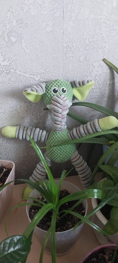 The image depicts a crocheted plush toy, resembling a stylized elephant, with a green body and segmented limbs. The toy has large, black-button eyes and a long, flexible trunk with red and gray stripes. Its ears are light green and floppy. The toy is positioned in front of a textured, light gray wall, likely wallpaper or a textured paint finish. In the foreground, several potted plants are visible, including a pale pink pot containing soil and a few dried plant remnants on the left, and a white pot holding a green, leafy plant in the center. Another plant, possibly an aloe vera, with thick, succulent leaves, is partially visible on the right. The scene appears to be an indoor setting, possibly a shelf or windowsill, given the presence of the potted plants. The lighting suggests an ambient indoor light source. There is no visible indication of the city of Gornye Kljuchi, Russia.