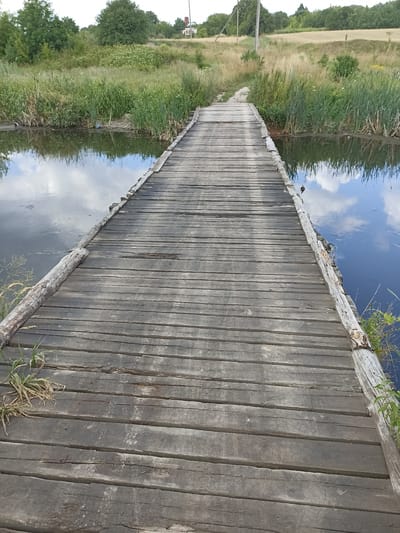 The image shows a weathered wooden footbridge spanning a narrow body of water. The bridge is constructed from numerous planks laid side-by-side, with rough-hewn logs serving as railings. The wood appears old and worn, with visible cracks and some areas of decay. On either side of the water, dense reeds and tall grasses grow, indicating a natural or semi-natural environment. In the background, a gentle slope of dry grass leads up to a line of trees. A few scattered buildings are visible in the distance, suggesting the proximity of a rural settlement. The water reflects the sky, with clouds visible on its surface. This scene depicts a functional but rustic bridge in a rural landscape, likely located in or near Velykyi Oleksyn, Ukraine.