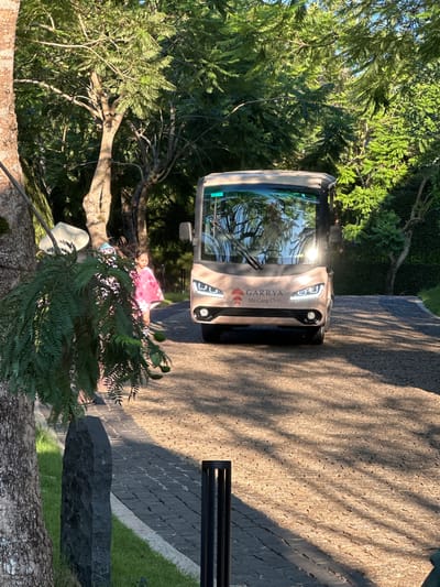 An outdoor scene captures a golf cart parked on a paved path, surrounded by lush green foliage and trees under bright daylight. The image is oriented vertically, with the path running horizontally across the middle of the frame.
In the center, a light-beige or tan-colored golf cart, possibly a utility vehicle, is prominently displayed. On its side, the brand name "GARRYA" is visible in dark lettering, accompanied by a stylized leaf-like logo, and below it, the words "Mù Cang Chải" are written. Reflections of the surrounding trees and sky are visible on its windshield. A sticker on the vehicle's window frame reads "FO-01".
To the left of the cart, partially obscured by dense green fern-like plants and a tree trunk, a person is visible wearing a pink top with a white floral or patterned design. This person appears to be smiling and looking towards the viewer. Another individual, possibly a child, is partially visible near the first person, wearing a hat.
The paved path beneath the golf cart and extending to the right features textured, light-colored stones, with long, distinct shadows cast upon it from unseen trees, suggesting either early morning or late afternoon sun. To the right of the path, a darker, possibly stone, pathway or border leads to a patch of vibrant green grass. A dark, rectangular stone structure or bench is situated in the grass, with a black metal railing nearby.
The setting appears to be a resort or nature-oriented area in Mu Cang Chai, Vietnam, known for its natural beauty. The overall atmosphere is bright and serene, emphasizing nature and leisure.