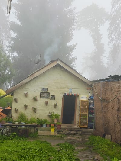 The image depicts a small, single-story building with a light yellow stucco exterior, situated in a foggy, mountainous environment. The building has a sloped roof, and a satellite dish is mounted on the upper portion of the roof. Smoke is emanating from a chimney, indicating activity within. The front of the building features an open doorway with prayer flags strung above it. To the left of the door, the wall is adorned with numerous small, cone-shaped planters containing flowers. Several framed pictures are also displayed on the wall. To the right of the doorway, a yellow, open shelving unit holds various items, including what appear to be bottles of beverages and other products. Adjacent to the building, on the right, is a wall constructed from woven bamboo or reeds. In the foreground, there is a wooden table supported by tree stumps, with several potted plants placed on and around it. An orange and black umbrella is visible to the left of the table. The ground is covered in green grass and a stone pathway that appears wet. Tall, misty trees are visible in the background, contributing to the overall atmospheric and somewhat isolated feel of the scene. The location is identified as being in Prini, India.