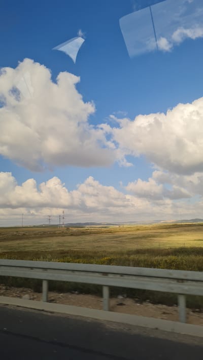 The image, taken from inside a vehicle in the Bnei Shimon Regional Council, Israel, shows a landscape of a field under a partly cloudy blue sky. Reflections are visible on the glass, obscuring portions of the view. A metal highway guardrail is prominent in the lower right. Power lines and towers are visible in the background. The field appears to be dry grassland, with some yellow wildflowers. A road is visible in the foreground along with the guardrail.