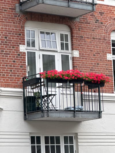 This media file captures a close-up, eye-level view of a section of a brick building with a balcony. The building features red brickwork with decorative white elements, including what appear to be raised numbers or symbols on the facade. The windows are white-framed and divided into multiple panes.

The most prominent object is a metal balcony with a black railing. Cascading down the side of the balcony are vibrant pink flowers, suggesting a decorative planting. Below the flowers, several black, rectangular objects are attached to the balcony structure; these appear to be planters or perhaps some kind of equipment.

The overall scene suggests an urban setting, likely residential, given the balcony and windows. The lighting is somewhat muted, hinting at an overcast day or possibly early morning or late afternoon. There are no people visible in the image. The focus is on the architectural details and the flora. The brickwork has a rustic texture, contrasting with the smooth white painted surfaces of the building's upper sections and window frames. The balcony's metal structure appears sturdy and functional. The image is a static capture, with no discernible activity or event taking place beyond the presence of the plants and architecture.