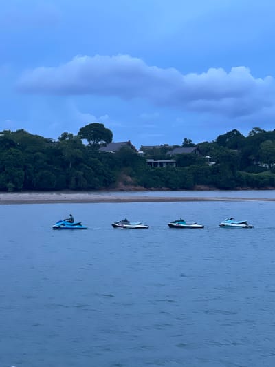 A scenic view of the sea in Pa Khlok, Thailand, showcases a line of four jet skis gliding across the calm, blue water. The lead jet ski is a vibrant blue and has a person riding it. Behind it, three other jet skis, two primarily white with turquoise accents, and one with black and white accents, follow in a staggered formation. The backdrop features a lush, green hillside densely covered with trees, with several modern houses and villas nestled amongst them. A thin strip of sandy beach separates the water from the hillside. The sky above is a deep blue, with soft, elongated clouds adding a dramatic touch to the twilight atmosphere. The image captures a tranquil moment of recreational activity against a beautiful natural and residential landscape.