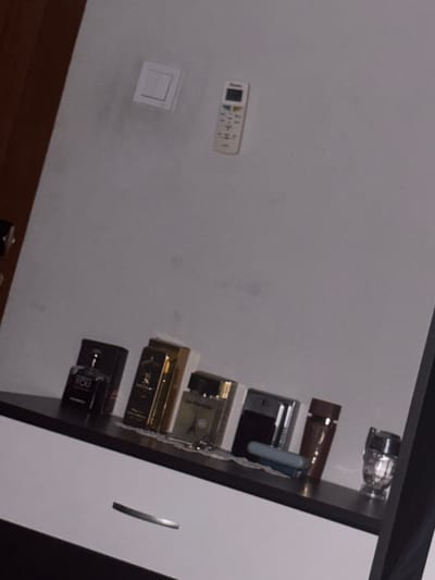 The image displays an indoor scene, likely a room in a residence or hotel in Devin, Bulgaria. The main features include a light-colored wall on the left, a dark-colored storage unit or cabinet on the right, and a wooden floor visible along the bottom edge.
On the light-colored wall, a white air conditioner remote control is mounted centrally, featuring a small digital display and several buttons, with "11" and other symbols visible on its face. Below the remote, a square white electrical switch or outlet cover is present.
The dark storage unit on the right appears to have multiple shelves or compartments, with its top surface and right side being dark brown or black. A white panel, possibly a cabinet door or drawer front, is visible on the far right, fitted with a silver, textured handle.
Arranged on the shelves or surface of this unit are several bottles, primarily appearing to be perfume or cologne. From top to bottom:
* A clear, multi-faceted bottle with a metallic cap.
* A cylindrical dark brown bottle with a metallic top.
* A silver-colored rectangular object, possibly a smartphone or small electronic device, positioned next to a light blue cylindrical object.
* A gold-colored rectangular bottle, partially labeled "Le Parfumeur".
* Another gold-colored rectangular bottle, with the text "YOU" visible on its front.
* A dark rectangular bottle at the bottom, also clearly marked with "YOU".
The lighting is ambient, without strong highlights or shadows, suggesting either artificial indoor lighting or an overcast daylight condition. No individuals are present, and no specific activity is occurring; it is a static interior shot.