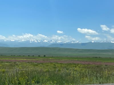 The image shows a wide, expansive landscape under a bright blue sky with scattered white clouds. In the foreground, there is a field of tall grass and wildflowers, with patches of yellow and pink flowers. Behind this, a flatter, green field stretches out, dotted with several round, dark objects that appear to be hay bales. Further in the distance, a gently rolling green hill serves as a backdrop. Beyond the hill, a mountain range with snow-capped peaks dominates the horizon. The overall scene depicts a natural, rural environment, likely in the outskirts of Kaysar, Kyrgyzstan, given the presence of mountains and open fields. No people or actions are visible in the image.