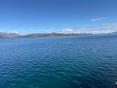 The image depicts a vast expanse of calm, deep blue water under a clear blue sky with scattered white clouds. In the distance, a rugged mountain range stretches across the horizon, with some peaks appearing snow-capped. The mountains are covered in vegetation, suggesting a summer or late spring setting. The water is slightly rippled, indicating minimal wind. The scene conveys a sense of tranquility and natural beauty. The presence of a small white object on the right edge of the frame, possibly part of a boat or pier, hints at human presence within this otherwise natural landscape. The overall impression is one of a peaceful day in a remote, mountainous coastal region. The time of day appears to be daytime, given the bright sunlight and clear visibility. The location context suggests this could be a fjord or coastal area in Lødingen, Norway. There is no visible text in the image.