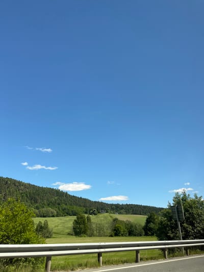 This is a landscape photograph taken on a clear, sunny day in Skollenborg, Norway. The image depicts a rolling green hillside covered in lush trees, with some scattered houses visible near the top. A bright blue sky with a few wispy clouds dominates the upper portion of the frame. In the foreground, a metal guardrail separates a paved road from the grassy embankment. The overall scene conveys a sense of peaceful rural beauty.