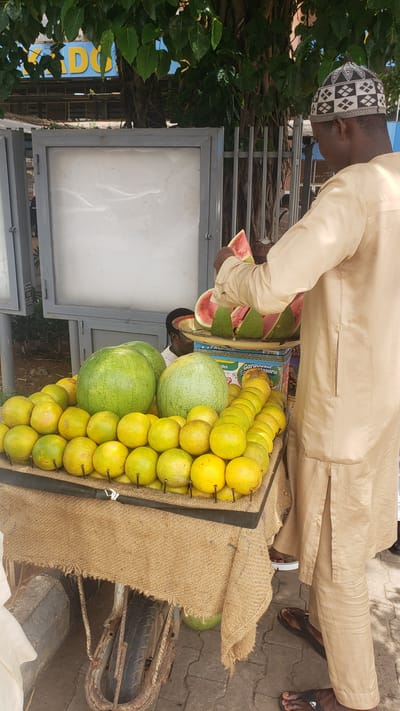 In Unguwar Shanu, Nigeria, a man wearing a traditional tan tunic and a patterned kufi cap is seen at a fruit stall. He is in the process of cutting a slice of watermelon, which is displayed on a metal tray alongside several other cut pieces of watermelon. The stall itself is laden with a large quantity of oranges arranged in rows and two substantial watermelons. The stall is covered with a burlap fabric, and part of a cart wheel is visible beneath it, indicating it is a mobile vendor. In the background, a tree with lush green leaves provides shade, and a glimpse of a building with yellow signage can be seen. Another individual, partially obscured, is visible behind the fruit display.