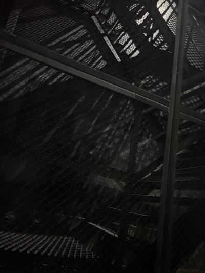 The image shows a dimly lit, industrial-looking staircase constructed from metal grating and beams. The staircase appears to be outdoors, possibly in an urban setting. The grating creates a pattern of light and shadow, with some areas of brighter light filtering through from above. The overall impression is one of depth and structure, with the repeating geometric patterns of the metalwork dominating the frame. There is no visible indication of the specific location within Qoyankus, Kazakhstan.