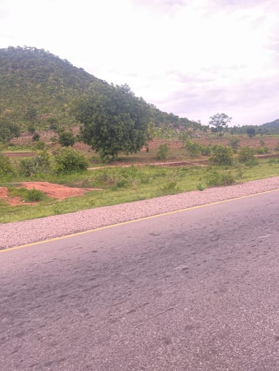 The image depicts a landscape scene in Minda, Nigeria. A paved road with a yellow line marking its edge runs diagonally across the right side of the frame. To the left of the road, a gravel shoulder separates it from a grassy embankment. Further to the left, a hillside is covered with trees and vegetation. The sky above is overcast with light clouds. The image is oriented sideways, suggesting it was taken from a moving vehicle or a handheld device that was not held upright. No people or specific objects are clearly identifiable, and there is no visible text. The time of day appears to be daytime, with diffused light indicating cloudy or overcast weather. The scene suggests a rural or semi-rural environment.