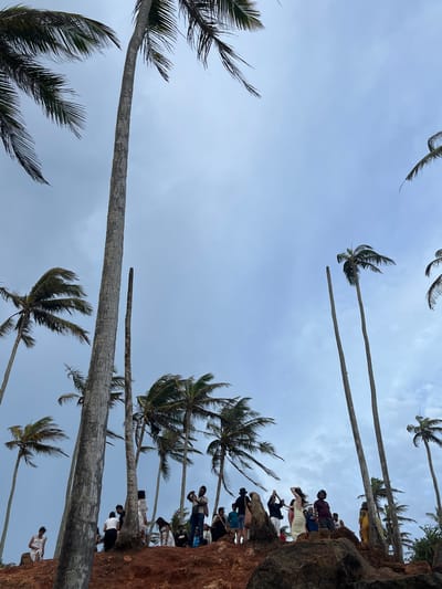 The image depicts a cloudy sky over a rocky, reddish-brown elevated terrain with numerous palm trees. Several people are gathered on the terrain, some are taking pictures with their phones, and others are posing or looking around. The individuals are dressed in casual clothing, including dresses, shirts, and shorts. The setting appears to be a coastal area in Thalaramba, Sri Lanka, known for its scenic views and palm-fringed beaches. The overall atmosphere suggests a casual gathering or a tourist visit to a natural viewpoint.
