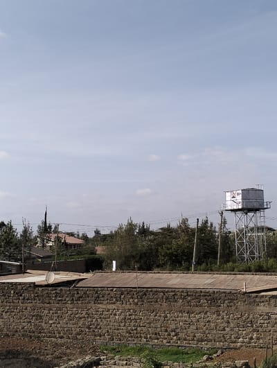 A view showcases a brick wall in the foreground, topped with metal roofing. Beyond the roofing, a treeline separates the wall from a skyline. A tall metal water tower stands on the right, alongside power lines cutting through the trees. Buildings and houses are nestled among the trees. The sky is pale blue, with wisps of cloud cover.