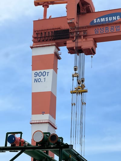 The image depicts a large orange and white gantry crane at the Samsung Heavy Industries shipyard in Geoje-si, South Korea. The crane, identified as "900T NO.1", has "SAMSUNG" and Korean text "삼성중공업" inscribed on its horizontal beam. Numerous thick steel cables hang from the crane's trolley, with yellow lifting equipment attached. In the foreground, green pipes and other industrial equipment are visible. The background is a pale blue sky with light clouds.