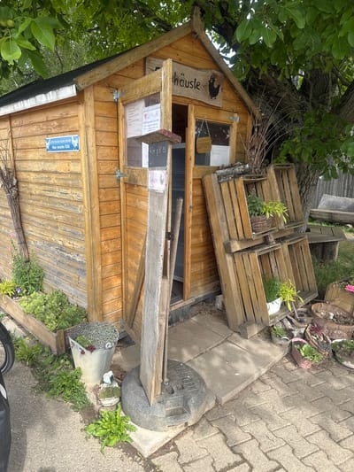 The image shows a small wooden shed with a sign that reads "Häusle" and a black chicken logo. The shed is weathered and appears to be used as a roadside stand or shop. There are several wooden pallets leaning against the shed, some of which have been repurposed to hold potted plants. In front of the shed, there are various gardening items, including planters, a metal bucket, and a broom. A sign on the shed door reads "Hier gibt es Eierkse" which translates to "Eggs are available here." There is a larger sign on the shed wall that says "BETRETEN AUF EIGENE GEFAHR! Hier wache ICH!" which translates to "Entry at your own risk! I'm watching here!". The scene is outdoors, with green trees and foliage in the background, suggesting a rural or semi-rural setting. The ground is a mix of concrete paving stones and dirt. The image is taken from a slightly elevated angle, looking down at the scene. There are no people visible in the image. Based on the signage, the location is likely in Tamm, Germany, and it appears to be a self-service stand selling eggs.