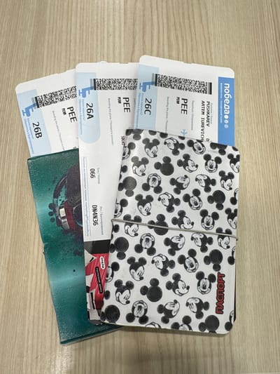 The image shows three Pobeda boarding passes stacked on top of a Mickey Mouse passport holder and a green wallet, all placed on a light-colored wooden surface. The boarding passes are for the same departure location, PEE (Perm), and have seat numbers 26C, 26A, and 26B. The customer name on the passes is PUSHKAREV ARTEM IUREVICH. The passport holder has a white background with a black Mickey Mouse pattern and the word "ПАСПОРТ" printed on it in red. The phone holder has a graphic of a person's face and red, blue, and green colors. The image contains no people or actions. There is no information about Boldino, Russia, in the image.