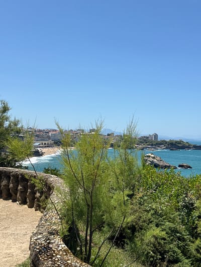 The image shows a scenic view of the city of Biarritz, France, likely from a viewpoint in the Parc de la Côte des Basques or a similar elevated coastal area. In the foreground, a curved pathway made of light-colored gravel winds along a rustic stone wall embellished with embedded pebbles. Lush green vegetation, including slender trees with fine, wispy foliage and denser bushes, partially obscures the view.
The middle ground reveals the turquoise waters of the ocean meeting a sandy beach, dotted with people. The coastline is characterized by rocky outcroppings, with waves breaking against them. Beyond the beach, a cityscape unfolds, featuring a cluster of buildings with red-tiled roofs and modern structures, suggesting a densely populated urban area along the coast. In the distance, the landscape rises into hills under a clear, bright blue sky. The overall impression is one of a sunny day in a picturesque coastal city.