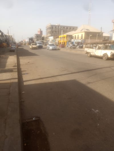 The image depicts a street scene in the city of Sardauna, Nigeria. The street is paved and appears to be a main thoroughfare with several vehicles present, including cars, a pickup truck, and what appear to be three-wheeled auto-rickshaws. Buildings line both sides of the street, some of which are under construction. The sky is overcast, and the overall lighting suggests it is daytime.
On the left side of the street, there are market stalls or shops with people walking by. A sign for "POS" is visible on the left. The right side of the street features more substantial buildings, including commercial establishments. One building has a sign that reads "FRANK THOMAS ENTERPRISES." A cell tower is visible in the background. The street shows signs of wear and tear, with some debris and a drainage grate visible in the foreground on the left. The scene conveys a sense of daily urban activity in a Nigerian city.