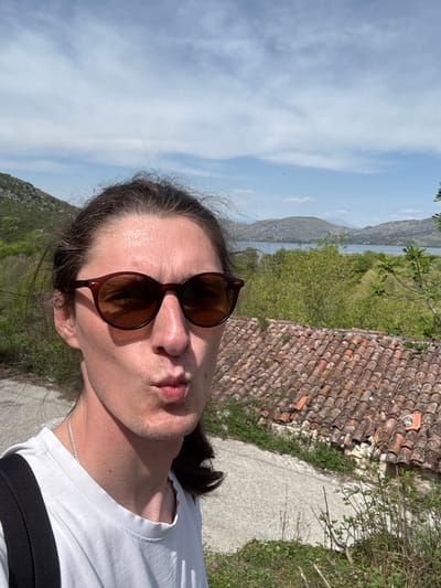 The photograph shows a selfie of a fair-skinned person with sunglasses, a white t-shirt, and dark hair, in an outdoor location. The person is facing the camera with a slightly puckered expression. The background includes a tiled rooftop, green vegetation, a visible mountain range, and a cloudy sky. Given the prompt, the location is identified as the city of Bistrice, Montenegro.