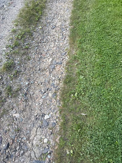 The image depicts a close-up, overhead view of a ground surface divided into two distinct textures. On the left, a gravel path is visible, composed of various small stones, pebbles, and some sparse, dry grass. On the right, a lush green lawn is present, characterized by dense grass and clover. The boundary between the gravel and the grass is sharp and clearly defined. There are no people or animals visible in the image. The scene is outdoors, with natural lighting. The location in the city of Gornye Kljuchi, Russia, is not discernible from the visual information provided in the image itself.