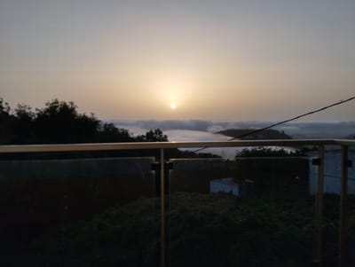 The image shows a sunrise over a foggy landscape, likely from a balcony in Arucas, Spain. In the foreground, a modern railing with glass panels and metallic supports separates the viewer from the scene. Dark green foliage, dense and overgrown, covers the ground below the railing. In the distance, a layer of thick white fog blankets the landscape, obscuring most of the terrain below. The sun, a bright orb, is partially visible through the soft haze in the upper middle of the frame, casting a warm glow. Silhouettes of trees are visible on the left, and a few distant buildings are subtly discernible through the mist on the right. A dark wire extends diagonally across the upper right portion of the image. The sky above is a pale gradient of gray and light orange, indicating early morning light.