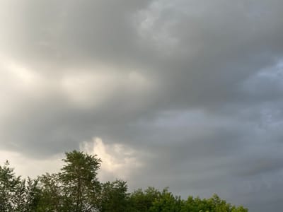 This media file depicts a natural scene, likely taken outdoors in Ракиты, Russia. The primary subjects are a dense line of green trees forming the lower third of the frame, silhouetted against a dramatic sky. Above the trees, the sky is filled with heavy, grey clouds, suggesting overcast or potentially stormy weather. Sunlight is breaking through in patches, illuminating some of the clouds from behind and creating areas of lighter brightness. There are no people or man-made objects visible. The lighting and cloud formations suggest it could be late afternoon or early evening, with the weather being a significant element of the scene. The overall impression is one of natural beauty and atmospheric conditions.