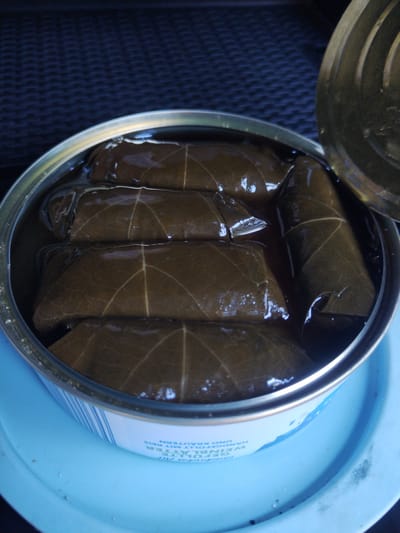 A close-up, overhead shot shows a partially opened can of dolmades, or stuffed grape leaves, on a light blue plate. The can is filled with several dolmades submerged in liquid. The grape leaves are dark green and have visible vein patterns. The can's lid is partially lifted, revealing its metallic interior. The background consists of a dark, textured surface. Text on the can is partially visible, reading "GEFÜLLTE WEINBLÄTTER HANDGEFÜLLT MIT REIS UND KRÄUTERN". The scene is set indoors, likely on a table, with no specific mention of Jabbeke, Belgium, or any individuals present.