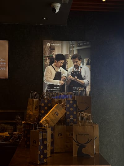 This image captures an indoor commercial scene, located in Minhang District, China, likely within a coffee establishment. The upper portion of the frame shows a dark ceiling with a white dome-shaped security camera mounted in the upper left quadrant and two small, circular recessed spotlights. The walls are a dark gray, subtly textured surface.

Dominating the central and right side of the image is a large promotional poster for "luckin coffee," featuring two men wearing aprons. The man on the left is East Asian, with short dark hair, wearing a white long-sleeved shirt and a dark apron, appearing to examine something in his hand. Text below him identifies him as "井崎英典" (Izaki Hidenori), "luckin coffee 首席咖啡大师" (Luckin Coffee Chief Coffee Master), and "WBC 世界冠军" (WBC World Champion). The man on the right is Caucasian, with a beard and dark hair, wearing a light blue collared shirt and a dark apron, also looking intently at something held in his hands. Text below him reads "Andrea Lattuada," "luckin coffee 意大利咖啡大师" (Luckin Coffee Italian Coffee Master), and "WBC 意大利冠军" (WBC Italian Champion). The "luckin coffee" logo, depicting a deer's head, is visible at the top center of the poster. A partial view of another light-colored poster with "New" text is visible on the far left.

The lower half of the image features a dark, reflective counter, upon which a multitude of "luckin coffee" branded shopping bags are stacked and arranged. Most bags are made of brown kraft paper with a dark silhouette of a deer and the "luckin coffee" text printed on them. Interspersed are dark blue bags with evenly spaced light yellow polka dots, some displaying QR codes on their sides. In the far left foreground, behind the stacked bags, a dimly lit service area is visible, containing a wire basket with what appear to be rolled items (possibly napkins or sleeves) and other containers. The overall lighting is dim, highlighting the display on the counter and the poster.