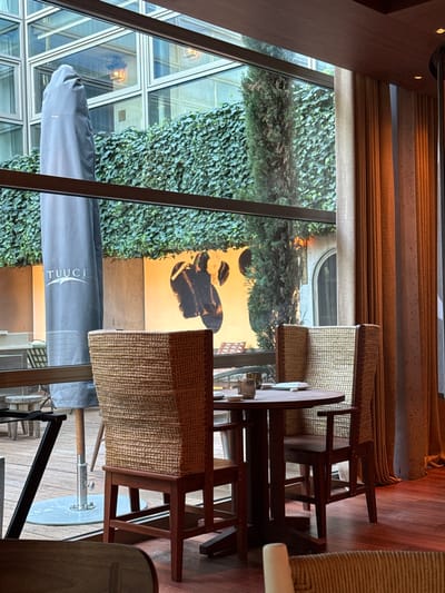The image presents an interior view of a dining establishment within Le Grand Hôtel de Bordeaux & Spa, Bordeaux, France, looking out into an enclosed outdoor courtyard.

In the foreground, a dark wooden floor is visible. A circular dark wooden table is centrally positioned, set for two with a small dark cup, a white bowl, and white chopsticks resting on a white stand. Two high-backed chairs flank the table; these chairs feature dark wooden frames and woven light brown rattan on their backs and seats. A third, partially visible chair with similar construction is in the lower right foreground. The interior ceiling, partially visible at the top, is constructed of dark wood and contains recessed lighting. To the right, heavy, warm-toned drapery hangs beside the floor-to-ceiling window separating the interior from the courtyard.

The outdoor courtyard, visible through the window, features light-colored decking. On the left, a large, gray, folded umbrella with the white "TUUCi" logo is present. A tall, slender evergreen tree stands centrally within the courtyard. A significant portion of the background wall is covered in dense green ivy. Below the ivy, a light orange-ochre wall features a large mural composed of abstract dark, organic shapes. In the far background, through or reflected on a modern building's geometric glass and metal facade, rectangular window panes and interior light fixtures are discernible. A classical-style arched opening is partially visible on the right side of the courtyard. Other outdoor seating elements, including chairs and stone stools, are partially visible further back on the left. No individuals are present in the scene.