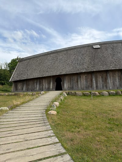 The image shows an outdoor scene of a historical building with a wooden plank walkway leading to its entrance. The building has a steeply pitched roof covered in wooden shingles and a dark, arched entranceway. The walkway is made of weathered wooden planks laid side by side, curving slightly to the right. Large, rounded stones are placed along the edge of the walkway, separating it from a grassy area. The grass appears somewhat dry in places, with patches of green and yellow. A few small yellow wildflowers are scattered in the grass.
The sky is a pale blue with wispy white clouds. The lighting suggests it is daytime, possibly late morning or afternoon, with soft, diffused light. The weather appears to be fair and possibly a bit overcast.
To the left of the building, there is a glimpse of green trees, suggesting a natural or park-like setting. The overall scene evokes a sense of history and rustic charm. The building's architecture suggests it could be a replica of a Viking longhouse or a similar historical structure, consistent with the location context of Allerslev, Denmark, known for its historical sites. There is no visible text in the image. No people are visible in the scene, and the focus is on the building, the walkway, and the surrounding natural elements.
