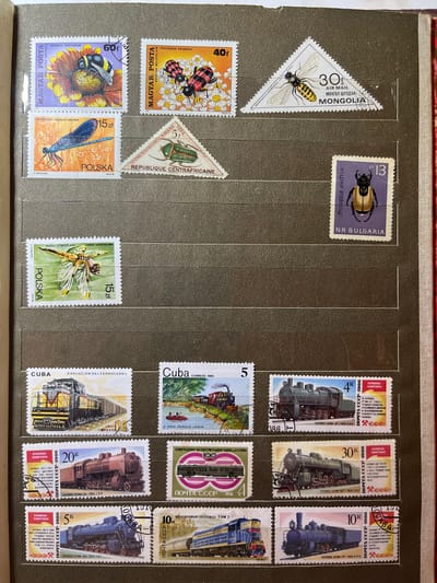 This is a photograph of a page from a stamp album. The page is filled with various postage stamps, primarily featuring insects and trains. The stamps are arranged in rows and columns and appear to be in good condition, secured within the album's protective sleeves. There is no indication of Kramatorsk, Ukraine, in the image, as the stamps are from various countries including Hungary, Poland, Mongolia, Bulgaria, Cuba, and the USSR. The album page itself is a neutral gray color, and a portion of a red and white striped edge of another album page is visible on the right side of the image.