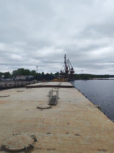 The image presents an industrial port scene under an overcast sky in Medvezhyegorsk, Russia.

In the immediate foreground, a wide, flat deck surface occupies the majority of the lower half of the frame. This surface appears to be made of concrete or metal, heavily weathered and stained with rust, and features several circular metal hatches. A small, rustic set of wooden stairs or a gangway is positioned on the right side of this deck, suggesting it is part of a large barge or pier.

Beyond this foreground structure, to the left, lies the shoreline. Several buildings, including a white house with a red roof, are nestled amongst green trees. Prominent piles of black material, characteristic of coal, are stored on the land, indicating a bulk cargo facility. A tall, slender mast or light tower is also visible amongst the foliage.

In the midground, dominating the center-right, are two large, rust-colored industrial cranes with complex lattice structures. These cranes are situated on a pier or dock, adjacent to a calm, dark body of water, which extends into the background on the right. The presence of cranes and coal piles points to active port operations, likely involving the loading or unloading of cargo.

The background shows a distant treeline bordering the water, with a narrow strip of sandy or rocky shore visible. The sky is entirely overcast, filled with grey clouds, creating soft, diffused light across the scene. No direct sunlight is apparent. The overall impression is one of a functional, industrial environment. No visible text or people are explicitly identifiable in the image, though the infrastructure clearly implies human activity.