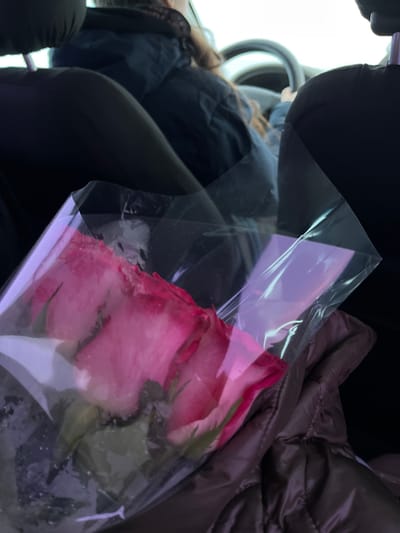The scene is set inside a vehicle in Varenikovskaya, Russia, viewed from a rear passenger seat looking forward. In the immediate foreground, a bouquet of three pink roses, partially encased in clear plastic wrapping, rests on a dark brown or black quilted jacket. The roses show minor white discoloration on their petals, and the plastic wrap exhibits visible condensation droplets. Beyond the roses, the back of a dark-upholstered front seat is visible. Further forward, the upper torso and head of an individual, identified as the driver, are seen from behind. The driver has long, brown hair and wears a dark blue jacket, with their hands positioned on a light-colored steering wheel, indicating the vehicle is being operated or is prepared for operation.