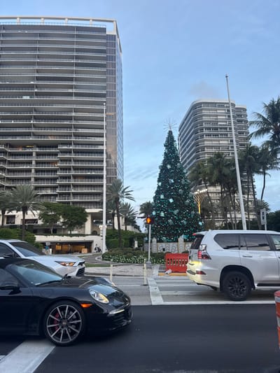 A vertical shot captures a city scene with modern architecture. A Christmas tree decorated with ornaments stands prominently, situated between two tall buildings. Palm trees are visible, adding to the tropical urban setting. Cars are parked on the street, including a black sports car in the foreground. The sky is overcast, contributing to the overall muted color palette of the photograph.