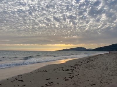 The image depicts a serene beach scene in Tarifa, Spain, under a sky filled with a textured pattern of altocumulus clouds. The ocean is calm, with gentle waves lapping at the sandy shore. The sand is a light brown color, scattered with dried seaweed. In the distance, rolling hills form a picturesque backdrop against the horizon. A lone figure, a person wearing a red top, walks along the beach, adding a touch of human presence to the tranquil landscape. The sun is low in the sky, casting a warm, golden glow that reflects on the water and illuminates the scene with a soft light. The overall impression is one of peace and natural beauty.