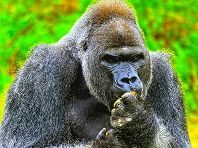 A gorilla is shown in a close-up shot, its face partially obscured by its hands as it eats. The gorilla has dark fur and is in focus, with a blurred green background. There is no indication of the city of Gorzow, Poland in this image.