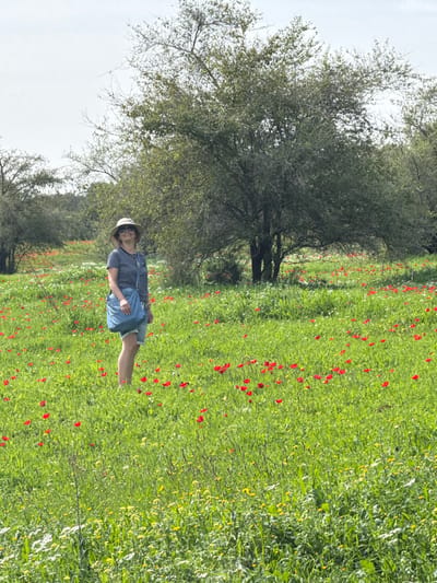 A single adult female is depicted standing in a vibrant wildflower field within or adjacent to Modiin-Maccabim-Reut, Israel, under an overcast sky. The field is densely covered with bright green grass, interspersed with numerous red anemones (*Anemone coronaria*) concentrated in the foreground and mid-ground, alongside smaller yellow and white wildflowers. In the background, several trees with green foliage are visible. The female subject, positioned slightly left of center, faces the camera with a slight smile. She is wearing a light-colored wide-brimmed hat, dark sunglasses, a horizontally striped short-sleeve shirt (dark and light stripes), light-colored shorts, and carries a light blue fabric cross-body bag. She stands upright, her arms relaxed at her sides.