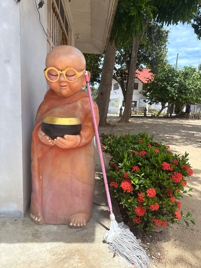 In Baan Harn, Thailand, a monk statue with a bald head, closed eyes, and yellow glasses stands on a concrete surface. The statue, depicted as a child, wears an orange robe and holds a black bowl with a gold rim in its hands. A pink mop with a white string head leans against the statue and the adjacent building wall. To the right of the statue, a dense green bush with clusters of small red flowers is visible. In the background, trees with visible foliage and a white building with a red roof can be observed. A person in a blue shirt stands in the distance. The ground is composed of sand and concrete.