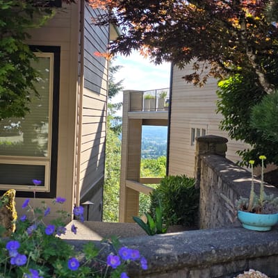 The image captures a scenic view from a hillside property in Portland, Oregon, USA. In the foreground, a low stone wall is adorned with purple flowers and succulents in a turquoise planter. Beyond the wall, two modern homes with light-colored siding are visible, framing a distant panoramic view of the city and surrounding lush green landscape under a bright blue sky with scattered clouds. The architecture suggests multi-level living, possibly apartments or townhouses, with balconies and walkways connecting different parts of the structures. Sunlight casts shadows across the siding and foliage, indicating a clear, sunny day. The overall impression is one of a well-maintained residential area offering expansive views of the natural beauty and urban sprawl of Portland.