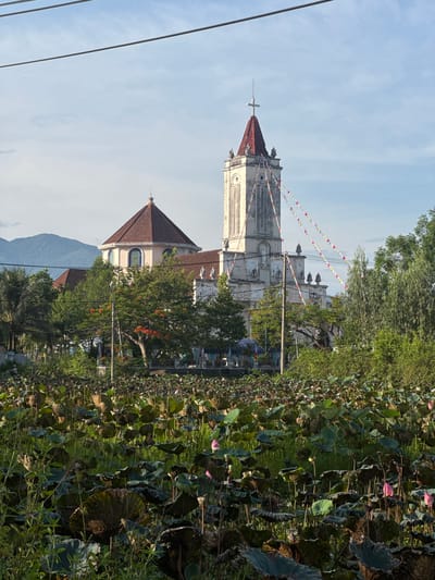 The image captures a religious building, likely a church, with a tall, slender bell tower topped by a red roof and a cross. The tower is decorated with strings of colorful triangular flags. Adjacent to the tower is another section of the building with a large, rounded, red-tiled roof. The architecture appears to be colonial or European-influenced.
In the foreground, a vast field of lotus plants covers the ground, with numerous large, green leaves and some delicate pink lotus flowers visible. The plants are dense and extend as far as the eye can see, creating a lush, natural landscape.
Behind the lotus field and the church, a line of trees and vegetation creates a green backdrop. In the distance, rolling hills or mountains are silhouetted against a pale blue sky with scattered clouds. Overhead, power lines traverse the top of the frame, indicating the presence of infrastructure.
The scene appears to be set in a rural or semi-rural area, likely in Diên Khánh, Vietnam, given the presence of lotus fields, which are common in the region, and the architectural style of the church. The lighting suggests it might be early morning or late afternoon, with soft sunlight casting shadows. There are no discernible people in the image, focusing the viewer's attention on the architectural elements and the natural landscape.