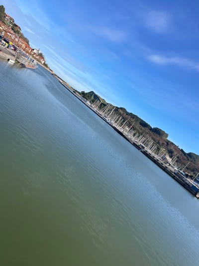 The scene is an oblique, daytime photograph of the Urola River estuary in Zumaia, Spain. The water, occupying the lower two-thirds of the frame, is a green-blue hue with surface ripples. Along the upper left bank, residential buildings with terracotta roofs are visible on a hillside, bordering a paved quay. Multiple indistinct vehicles, including a yellow utility vehicle, are present on the quay, from which a light-colored floating dock extends into the water. The right bank features a marina containing numerous white sailboats with erect masts, moored alongside grey dock infrastructure. Beyond the marina, a steep, tree-covered green hillside rises. The upper right portion of the image displays a clear blue sky with sparse, wispy white clouds. No human figures are clearly identifiable. The environment is static.