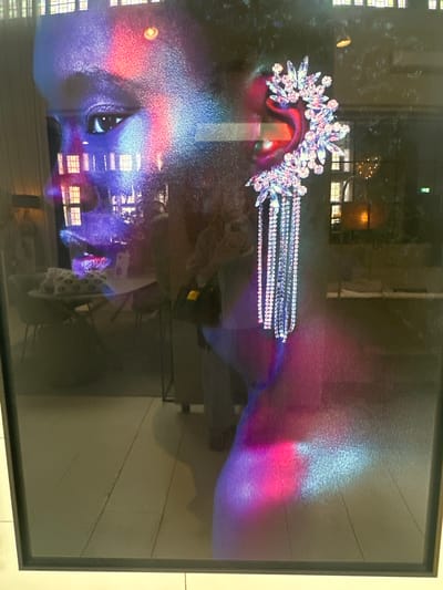 A framed artwork, likely a glossy print or digital display, features a stylized human head or face rendered in vibrant, iridescent purples, blues, and reds. The face, positioned on the left side of the frame, has a visible eye looking towards the right. Adorning the top of the head is an ornate, sparkling headpiece composed of numerous small, faceted, gem-like elements. This intricate piece extends into several parallel strands of similar shimmering components, creating a luminous effect within the artwork.
The highly reflective surface of the artwork prominently displays details from its surrounding indoor environment. Visible reflections include multiple window frames with individual panes, some showing interior lights, suggesting a setting during the evening or night. Other reflections hint at architectural elements, diffuse light sources, and possibly a person or patterned fabric near the bottom center. Dust and smudges are also visible on the reflective surface. The artwork is enclosed within a thin black frame. No discernible text is visible within the artwork or its reflections. The location context for this image is Noordwijk, Netherlands.