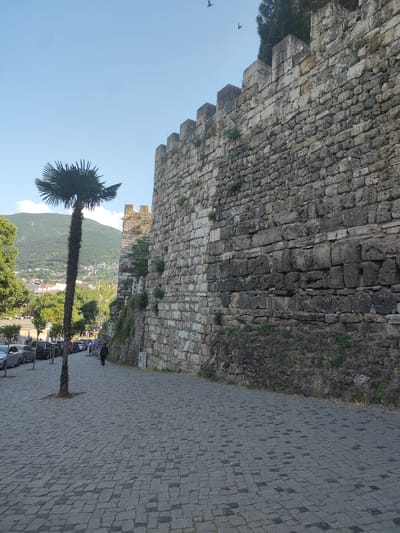 The image depicts a cobblestone street in front of a large, ancient stone wall. A lone palm tree stands on the left side of the street, casting a shadow. In the background, a town is visible nestled at the base of a lush green mountain. The sky is clear and blue, suggesting it is daytime, likely morning or afternoon, with good weather. A person is walking away from the camera on the cobblestone street. Several cars are parked along the left side of the street, indicating it is a populated area. The stone wall is weathered and shows signs of age, with plants growing in crevices. Some of the stones have markings that appear to be numbers or symbols, though they are not clearly legible. The overall scene evokes a sense of history and place.