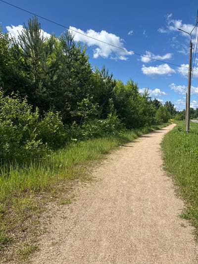 The image depicts a bright, sunny day in a natural setting. A gravel path winds through lush green grass and trees, with a clear blue sky and scattered white clouds above. The path appears to be a walking trail, possibly in a park or on the outskirts of a town. A utility pole with a streetlamp stands on the right side of the path, suggesting proximity to an urban area. The overall scene is tranquil and suggests a pleasant day for outdoor activity. The specific location in Kuvshinovo, Russia, is not discernible from the image itself, as there are no distinct landmarks or signs identifying the city.